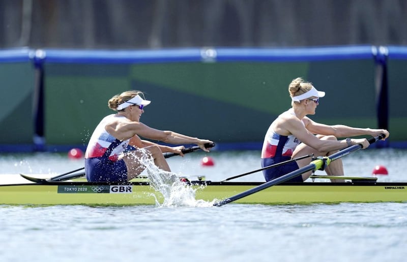 Team GB rowers Helen Glover, pictured left, and Polly Swann in action during the first day of the Tokyo 2020 Olympic Games in Japan last week. Glover featured in the inspiring documentary The Mother of All Comebacks, edited by Belfast man Adam Heayberd Southgate. Picture by Mike Egerton/PA Wire 
