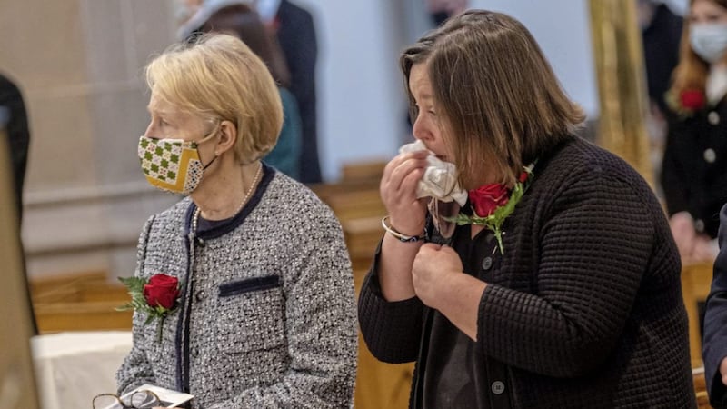 Pat Hume (left) and her daughter Therese during the funeral service for John Hume at St Eugene&#39;s Cathedral in Derry. Picture by Stephen Latimer/PA Wire 
