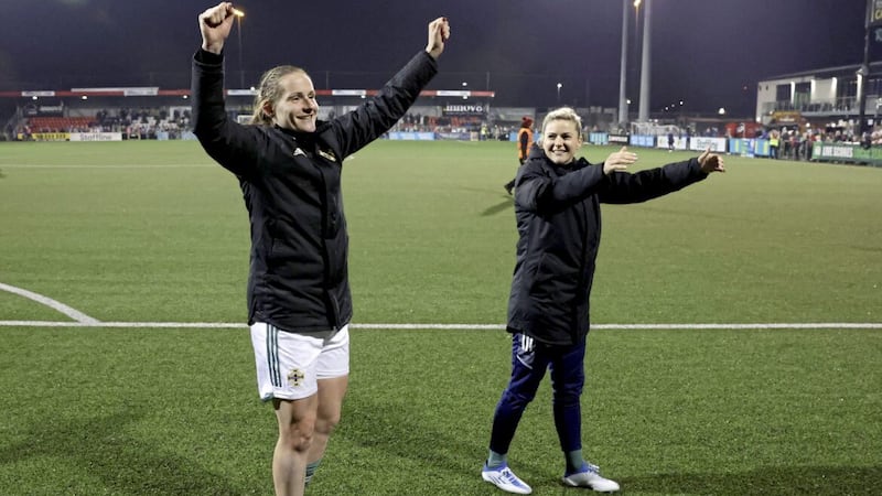 Northern Ireland&rsquo;s Sarah McFadden and Nadene Caldwell after defeating Italy 1-0 in Tuesday night&#39;s Women&rsquo;s International Friendly at Seaview 