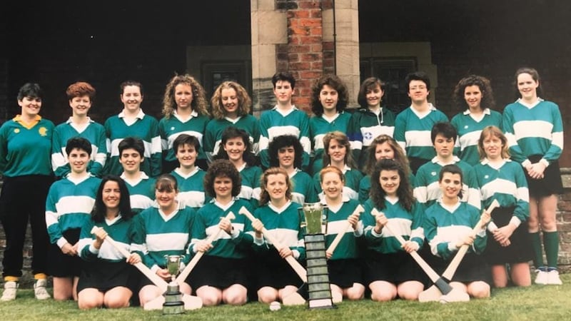 The 1991 team that won Queen's camogie their only Ashbourne Cup title<br /><br />Back Row: Bernie McNally (manager), Bronagh McCorry (Antrim), Sinead McClure (Armagh), Delia McCartan (Down), Monica McCartan (Down), Roisin McCluskey (Derry), Shauna Higgins (Antrim), Eimear Murtagh (Antrim), Jacinta Morris, (Armagh) Ursula Scullion (Derry), Deirdre Cunning (Antrim)<br /><br />Middle Row: Mary Black (Armagh), Fionnuala Smyth (Armagh), Lorraine Finn (Armagh), Orlaith Higgins (Antrim), Bronagh McCann (Antrim), Patricia Vallely (Armagh), Lisa Faloona (Down), Joan Tobin (Tipperary), Siobhan McErlean (Antrim)<br /><br />Front Row: Jackie McGeough (Antrim), Sinead Mullan (Derry), Brigid McCorry (Antrim), Deirdri O&rsquo;Doherty (Capt) (Derry), Roisin O&rsquo;Neill (Armagh), Lorraine Devlin (Derry), Sheelagh O&rsquo;Hare (Antrim)&nbsp;