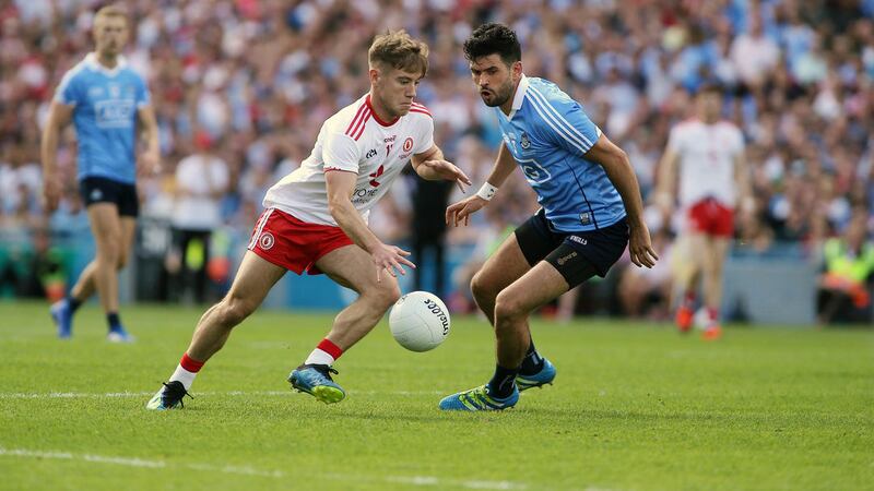 Tyrones  Mark Bradley  and Dublin's  Cian O'Sullivan in action in the 2018 All-Ireland SFC final. Picture by Seamus Loughran.&nbsp;