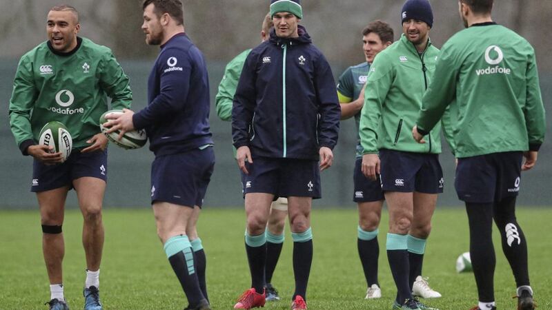 Jonathan Sexton (centre) during a training session at Carton House, County Kildare. Ireland defence coach Andy Farrell believes Sexton is ready to stand up to an expected French onslaught Picture: Brian Lawless/PA 