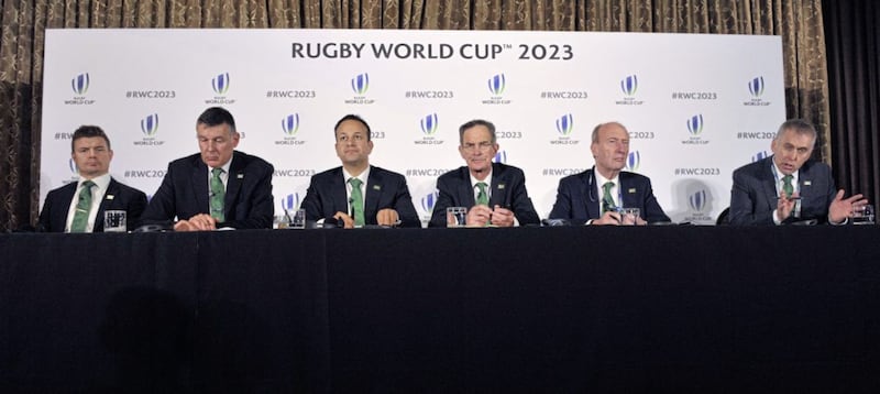 Former Ireland captain Brian O&#39;Driscoll, IRFU chief executive Philip Brown, taoiseach Leo Varadkar, Ireland 2023 Oversight Board chairman Dick Spring, the south&#39;s transport minister Shane Ross and Northern Ireland Civil Service head David Sterling, on Monday during the 2023 Rugby World Cup host candidate presentations at the Royal Garden Hotel in London, where they are bidding to host the event against France and South Africa. 