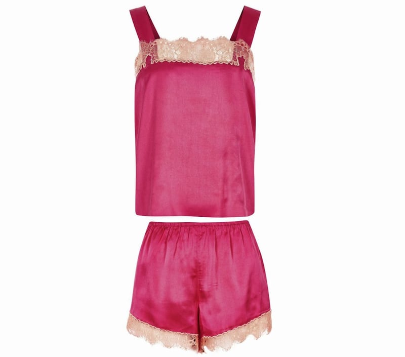 River Island Pink Lace Cami Pyjama Top, &pound;16, and Lace Trim Pyjama Shorts, &pound;16 