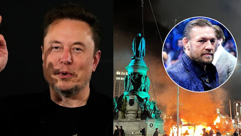 Elon Musk (left) has been accused of inciting hatred over his interventions on the recent violence in Dublin city centre and apparent endorsement of Conor McGregor (inset).