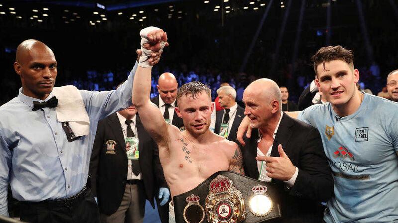 Carl Frampton after defeating Leo Santa Cruz in Saturday nights WBA featherweight title contest against Leo Santa Cruz at the Barclays Centre, Brooklyn, NY. Picture by Press Eye/William Cherry. 