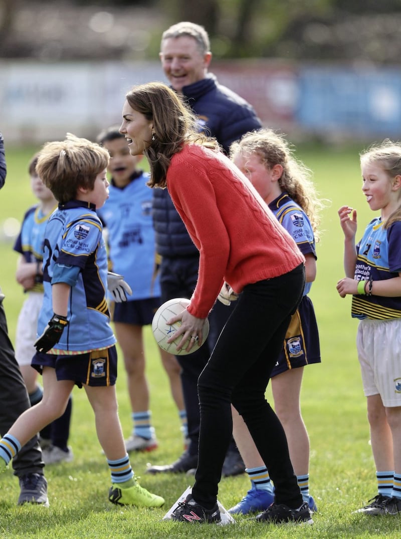 The Duchess of Cambridge during a visit to Salthill Knocknacarra GAA club in Galway to learn more about traditional sports during the third day of their visit to the Republic of Ireland. PA Photo. Picture date: Thursday March 5, 2020. See PA story ROYAL Cambridge. Photo credit should read: Brian Lawless/PA Wire. 