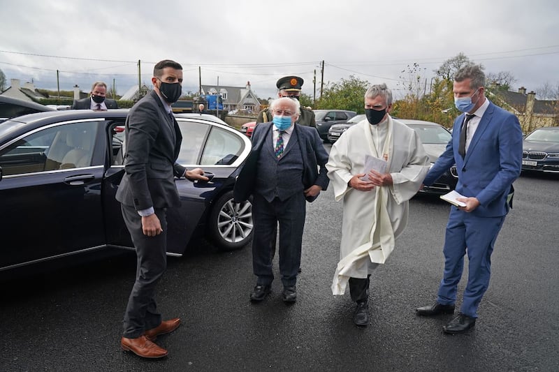 President Michael D Higgins (centre) arrives for the Requiem Mass of Austin Currie at the Church of the Immaculate Conception in Allenwood, Co Kildare. Picture by Brian Lawless/PA Wire&nbsp;