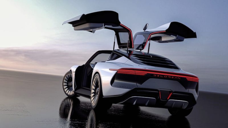 The Texas-based company behind the new DeLorean say the car will be an EV with a range of more than 300 miles. The gullwing doors are a nod to the Belfast original. 