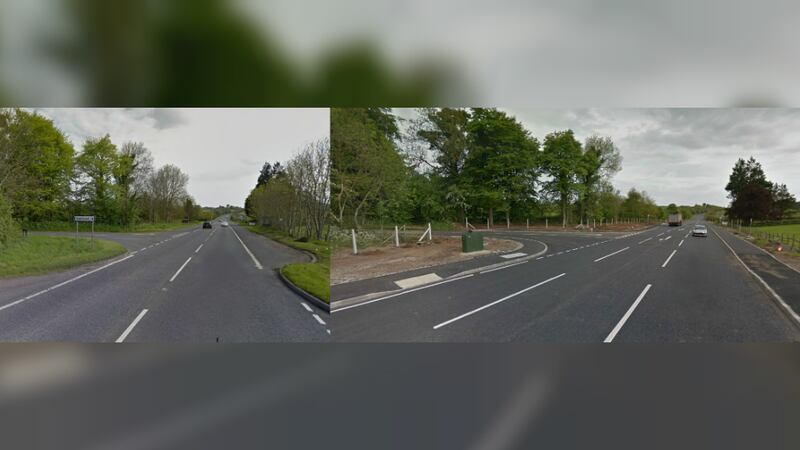 &nbsp;<span style="font-family: Arial, sans-serif; ">The A29 at its junction with the Desertcreat Road before in 2012 (left) and after in 2015 (right)</span>