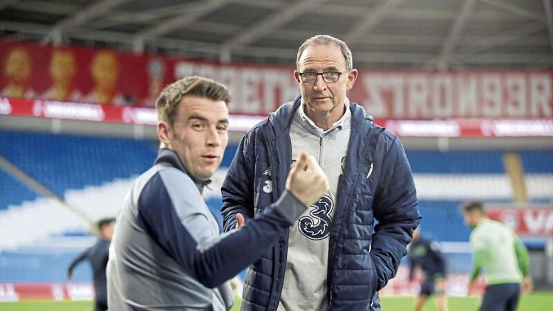Republic of Ireland manager Martin O&#39;Neill and Seamus Coleman during a training session at the Cardiff City Stadium ahead of Monday&#39;s winner-takes-all clash with Wales 