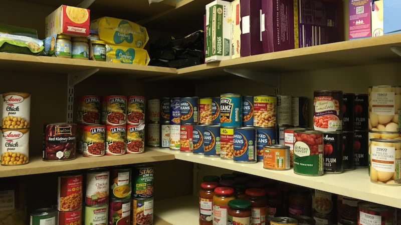 A secondary school store cupboard for tinned foods, cereal, baby food, toilet roll, and nappies used to create parcels for families of pupils in need