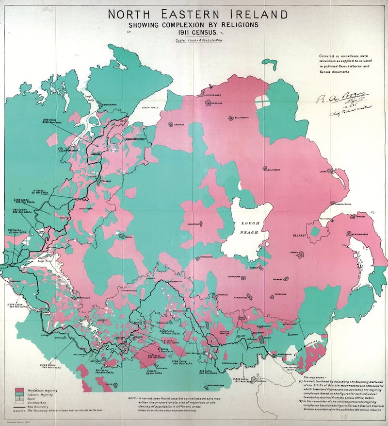 A map produced during deliberations by the Boundary Commission showing religious breakdowns of areas in determining the border