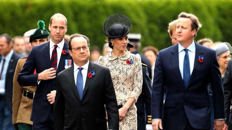 French president Francois Hollande, Britain&#39;s prime minister David Cameron, and the Duchess of Cornwall and the Duke and Duchess of Cambridge and Prince Harry (right hidden), at the Commonwealth War Graves Commission Thiepval Memorial in Thiepval, France, yesterday PICTURE: Chris Radburn/PA 