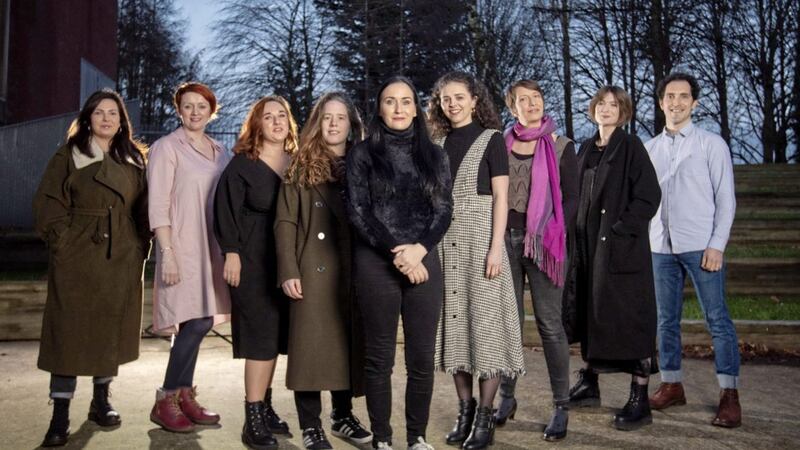 Playwrights Alice Malseed, Fionnuala Kennedy, Gina Donnelly, Emily DeDakis, Sarah Gordon and Clare McMahon, with directors Rhiann Jeffrey and Benjamin Gould 