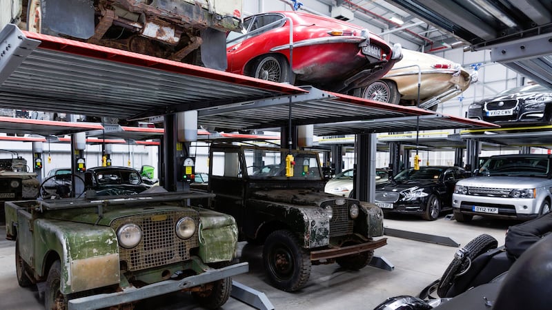 Racks of cars awaiting restoration or placed in storage