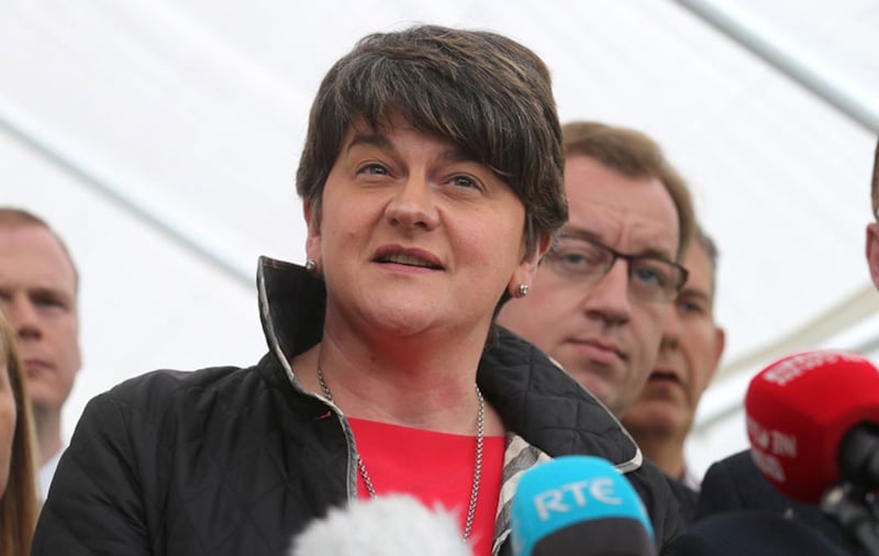 DUP leader Arlene Foster pictured at speaking to the assembled media at Stormont&nbsp;