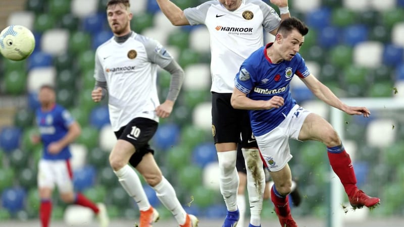 Linfield&#39;s Stephen Fallon and Carrick&#39;s Christopher Rodgers during the Danske Bank Premiership game at Windsor Park, Belfast on November 2 2019. Picture by Stephen Davison (Pacemaker Press) 