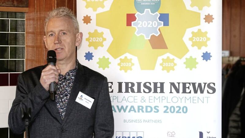 Patrick McAliskey addresses the Irish News Workplace &amp; Employment Awards launch at Hicksons Point. Photo: Declan Roughan 