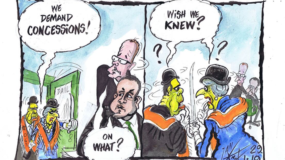 Ian Knox cartoon: 29/01/19. The only thing that appears to unite the warring Westminster Brexiteer factions is a desire to scapegoat the Irish government