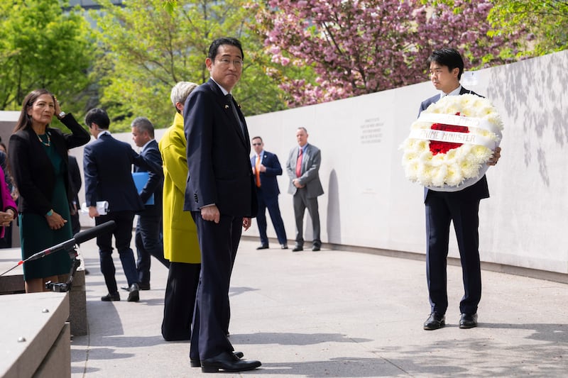 Japan’s Prime Minister Fumio Kishida before offering a wreath at a ceremony at the Japanese American Memorial to Patriotism During the Second World War, in Washington (Manuel Balce Ceneta/AP)