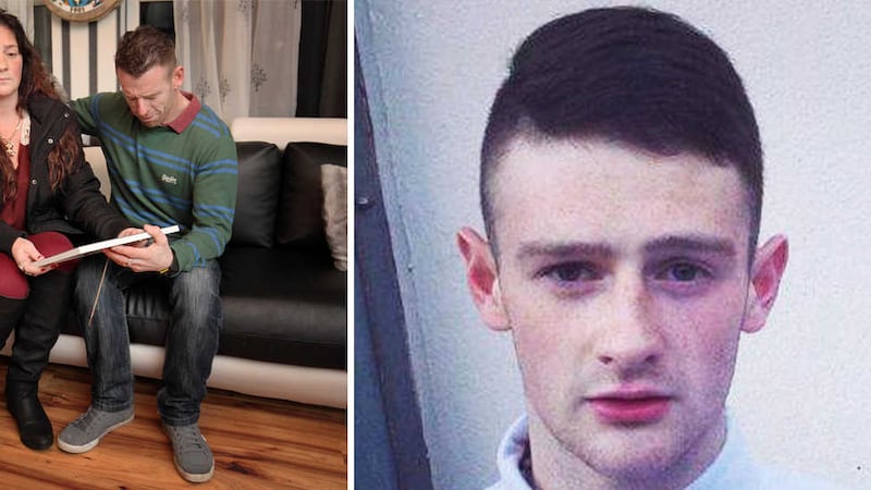 The grieving parents of Christopher Meli (left) and their son (right) who was murdered in west Belfast&nbsp;