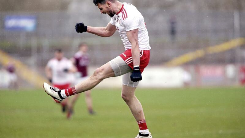 Mattie Donnelly celebrates after his second half goal for Tyrone during Sunday&#39;s Division One victory over Galway at Healy Park. Picture by Seamus Loughran 