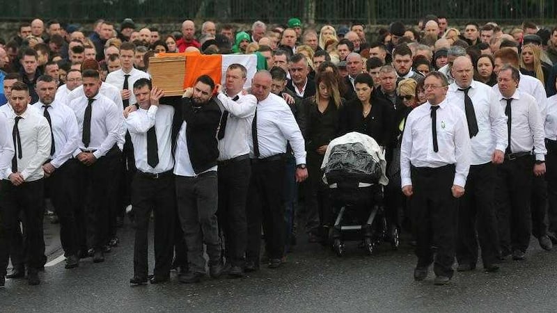 The coffin of Vincent Ryan is carried into The Church of the Holy Trinity in Donaghmede for his funeral on March 8 