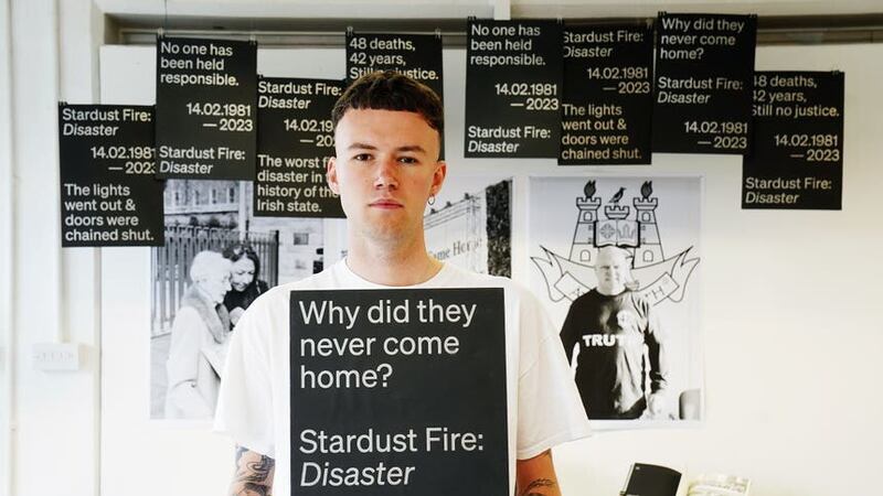 Conor Leech, BA graphic design student, with his work titled Stardust ’81 at the National College of Art and Design, Dublin (Brian Lawless/PA)