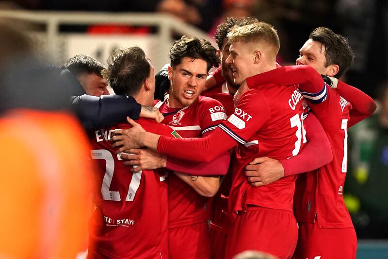 Hayden Hackney, centre, celebrates after scoring Middlesbrough’s goal
