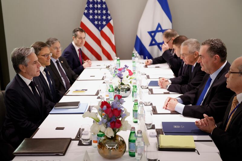 Antony Blinken, left, attends a meeting with Israel’s foreign minister Israel Katz, second right, in Tel Aviv (Evelyn Hockstein/AP)