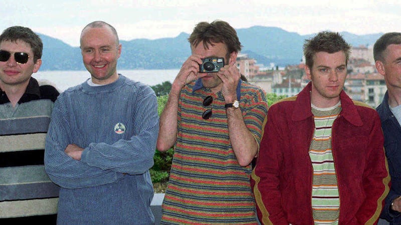 Irvine Welsh, second left, with Danny Boyle, centre, Ewan McGregor, second right, and other members of the team behind Trainspotting in Cannes, 1996 