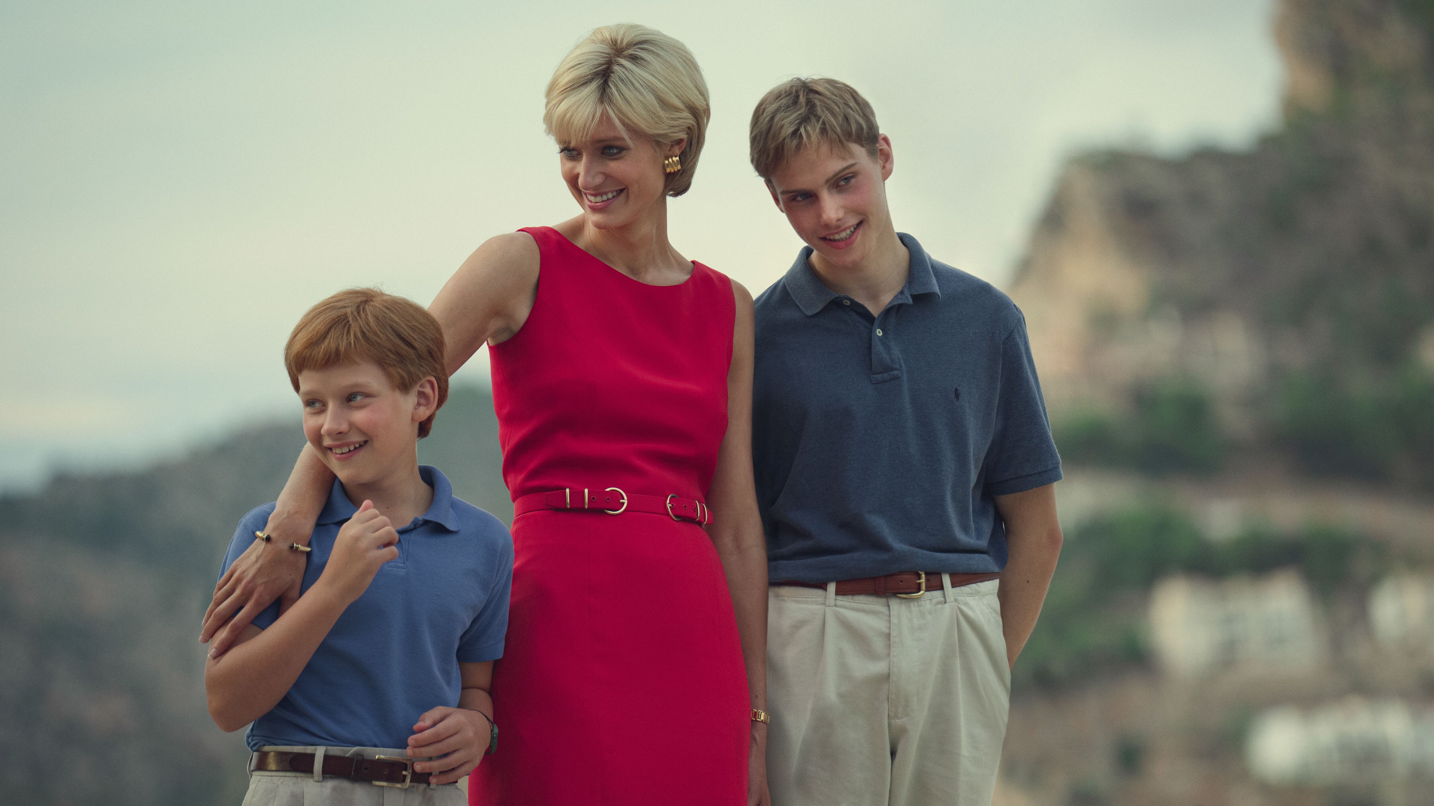 Harry (Fflyn Edwards), Diana, Princess of Wales (Elizabeth Debicki) and William (Rufus Kampa) star in the final season of Netflix’s The Crown. (Keith Bernstein/Netflix?PA)