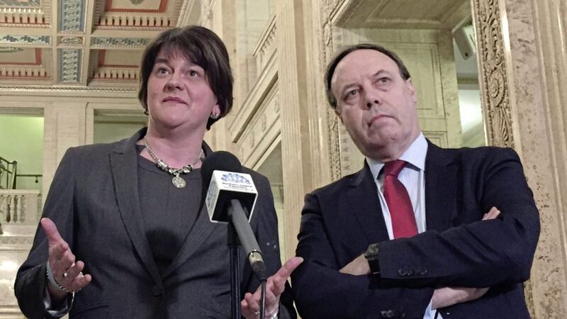 DUP leader Arlene Foster with deputy leader Nigel Dodds at Parliament Buildings in Stormont, Belfast. Their party is in favour of Brexit. Picture by David Young, Press Association