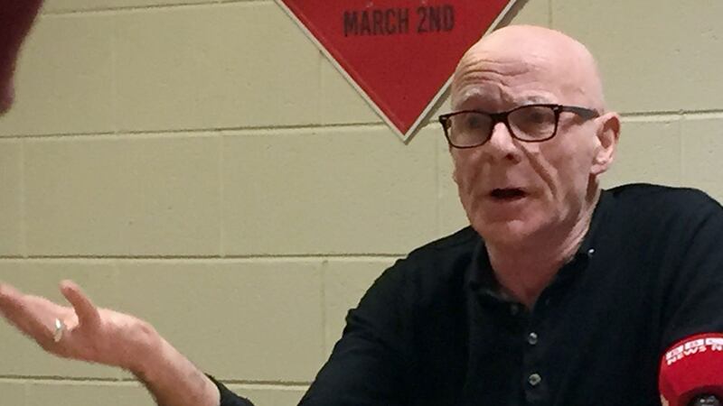 People Before Profit Foyle candidate Eamonn McCann at his party's manifesto launch for the upcoming Assembly election at Farset International centre in Belfast&nbsp;