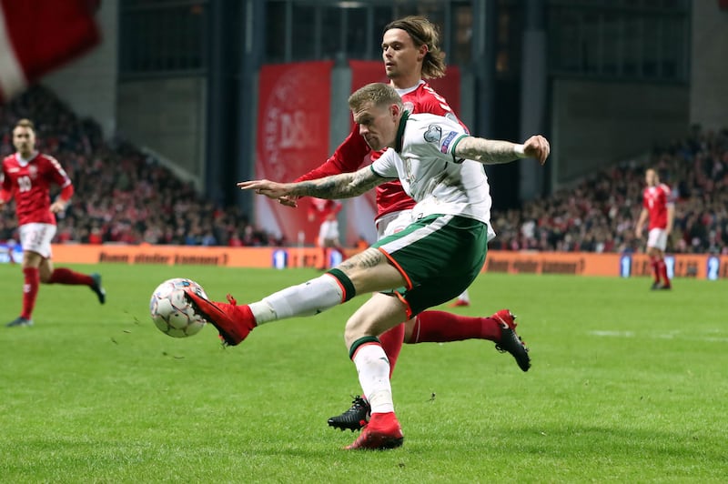 <span style="font-family: Arial, sans-serif; ">Republic of Ireland's James McClean and Denmark's Peter Ankersen during the FIFA World Cup qualifying play-off first leg match at the Parken Stadium, Copenhagen.&nbsp;&nbsp;<br /></span>