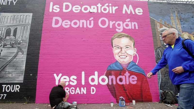 A new mural on the Falls Road featuring local heart hero Daithi Mac Gabhann ahead of Organ Donation Week. Picture by Picture Mal McCann. 