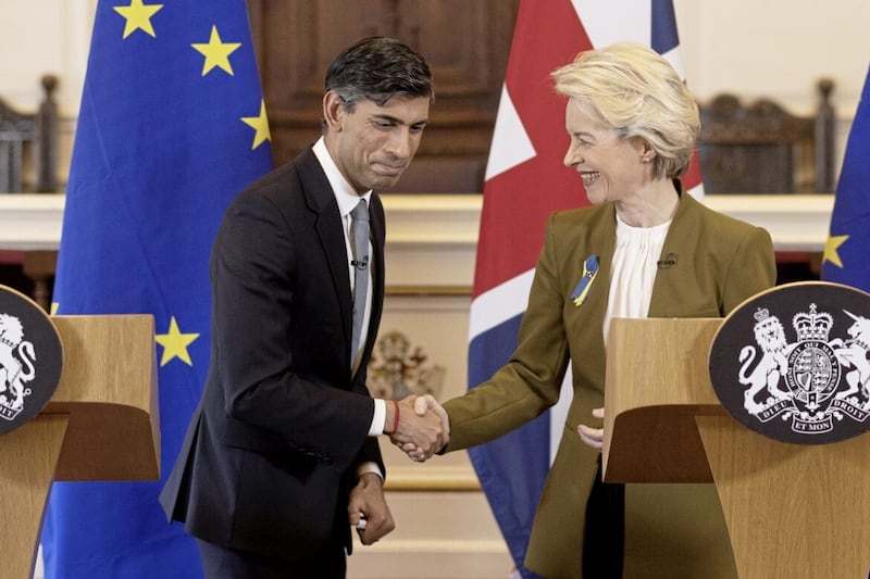 Prime Minister Rishi Sunak and European Commission president Ursula von der Leyen following the announcement that they had struck a deal over the Northern Ireland Protocol