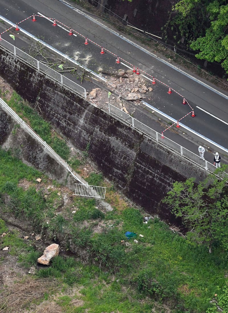 The site of a rock fall following an earthquake in Ohzu, Ehime prefecture, western Japan (AP)
