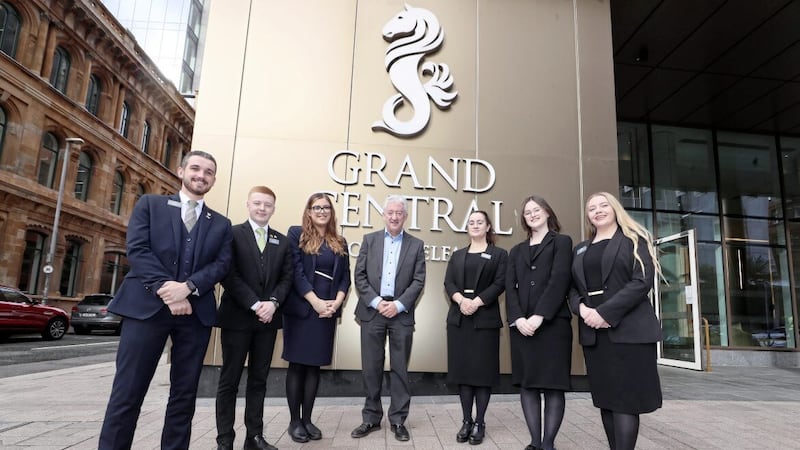 Tourism NI chief executive John McGrillen with trainees (from left) Andrew McCullough, Pearse Copeland, Aine Kelly, Margarida Periera, Amy Howard and Nicole Hardy. Picture: Jonathan Porter/Presseye 