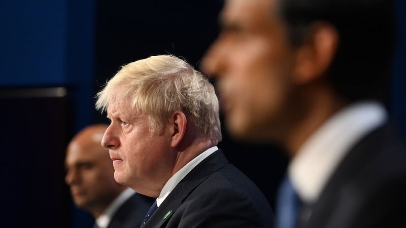 File photo dated 07/09/21 of (left to right) Health Secretary Sajid Javid, Prime Minister Boris Johnson and Chancellor of the Exchequer Rishi Sunak, during a media briefing in Downing Street, London. Picture by Toby Melville/PA Wire 