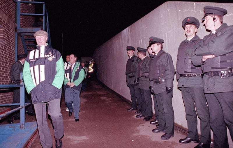 Jack Charlton at Windsor Park in November 1993, as the Troubles raged 