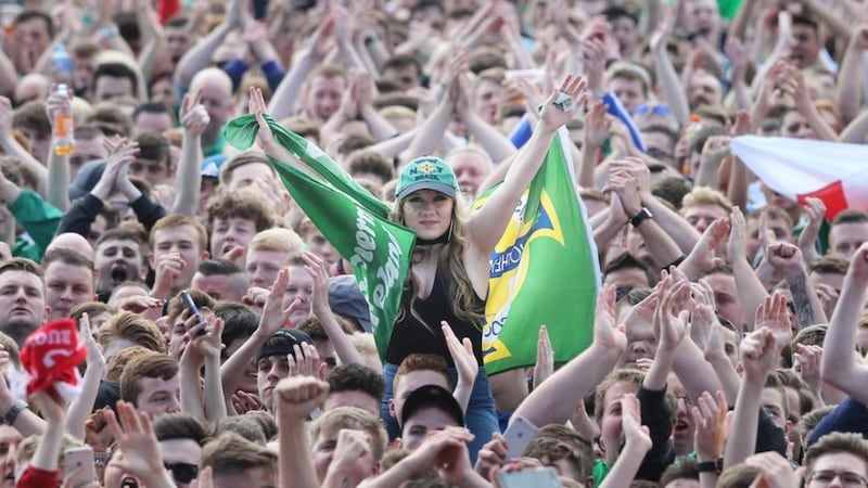 Northern Ireland fans at the Belfast fanzone staged at Belsonic. Picture by Hugh Russell 