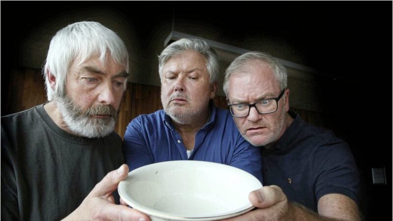 Kevin McAleet,Directer Conleth Hill and Conor Grimes at the Lyric Thaetre getting set for the opening of SPUD! which runs from the 31th Aug-14 Sept picture by Hugh Russell. 