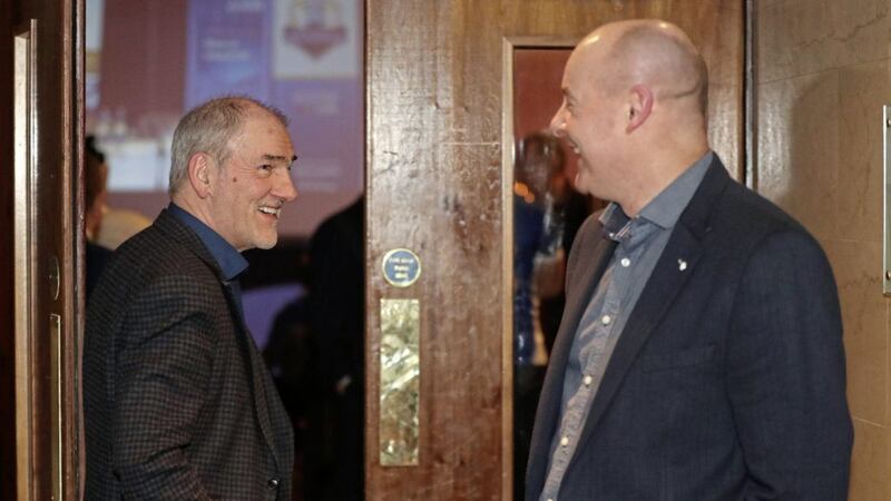 Managers Mickey Harte and Malachy O&#39;Rourke in conversation during last week&#39;s Dr McKenna Cup launch in Belfast. Picture by Declan Roughan 