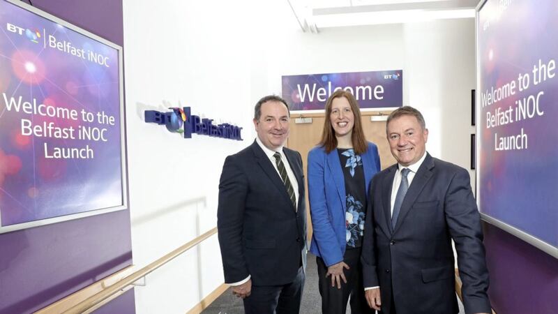 Pictured at the launch of the new network operation centre in Belfast are (from left) Paul Murnaghan, regional director BT Business in Northern Ireland, Valerie Wilson, head of managed services at BT, and Gordon Milligan representing iNOC customer Translink. Photo: William Cherry/PressEye 