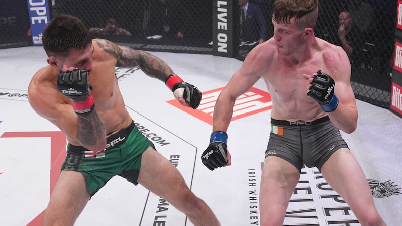 Dylan Tuke (right) in action during his PFL Europe win over Briton Conor Hughes in Berlin.