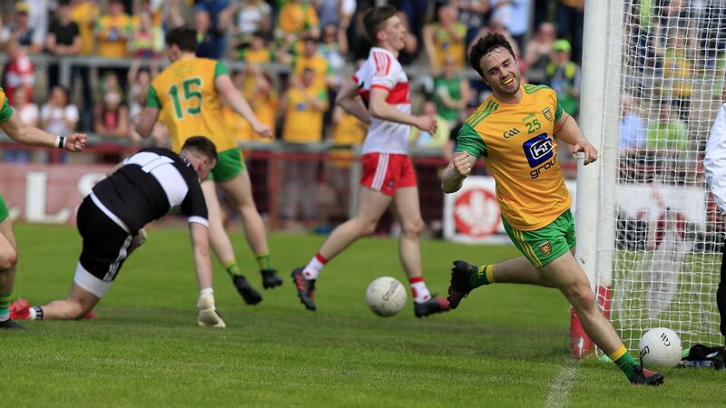 Cian Mulligan scores Donegal's second goal in the win over Derry Picture by Margaret McLaughlin