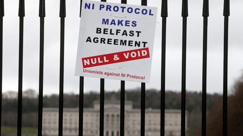 A poster against the NI Protocol on the gates of Stormont in east Belfast. Picture by Mal McCann... 