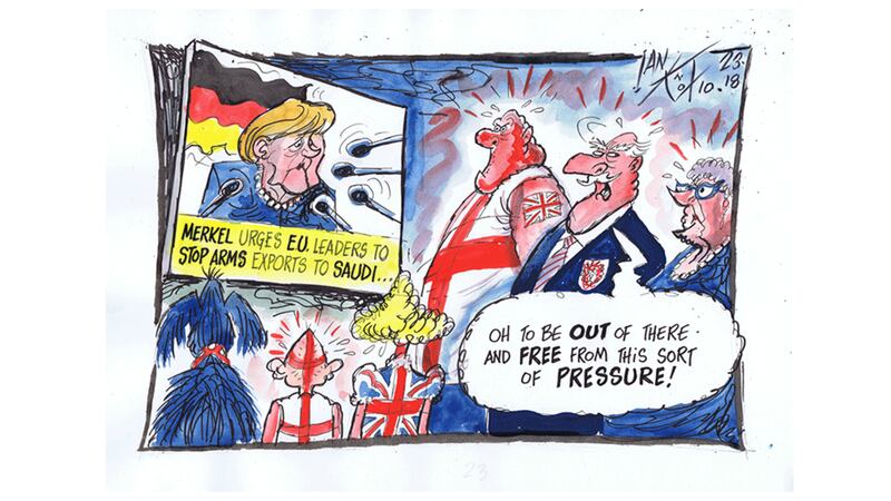 Ian Knox cartoon 23/10/18: Germany announces a unilateral arms embargo on Saudi Arabia, but the UK, the US and France have not followed suit